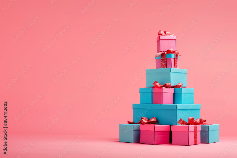 A colorful stack of gift boxes arranged in the shape of an isolated pyramid on a solid color background, symbolizing special Eden's Day. The bright pink base is complemented by vib A colorful stack of gift boxes arranged in the shape of an isolated pyramid on a solid color background, symbolizing special Eden's Day. The bright pink base is complemented by vib