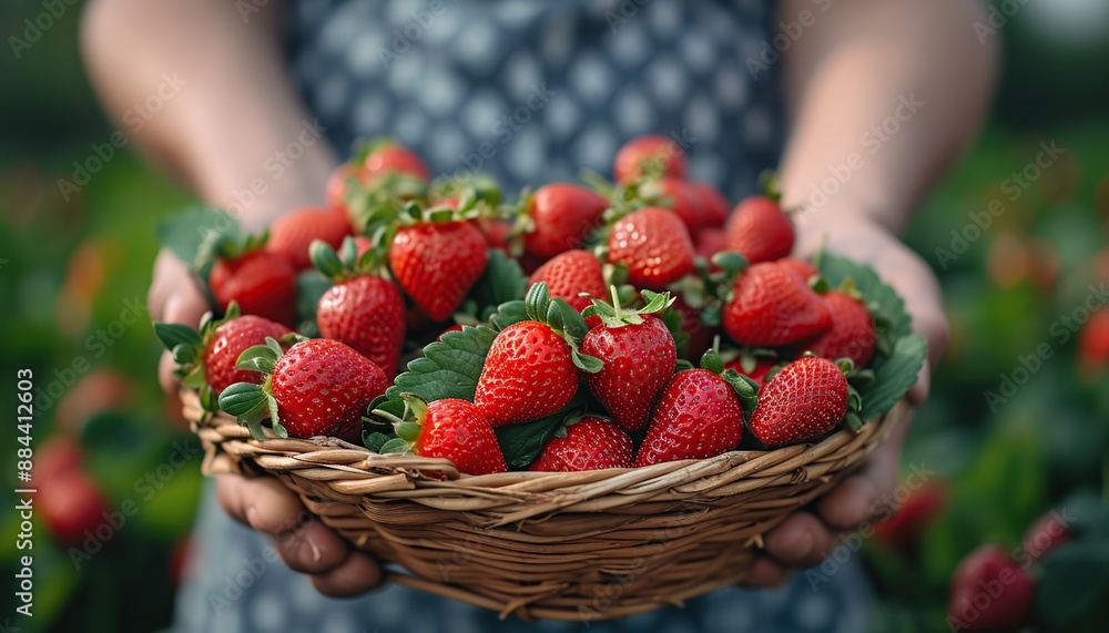 A man holds a ripe red strawberry in a basket A man holds a ripe red strawberry in a basket