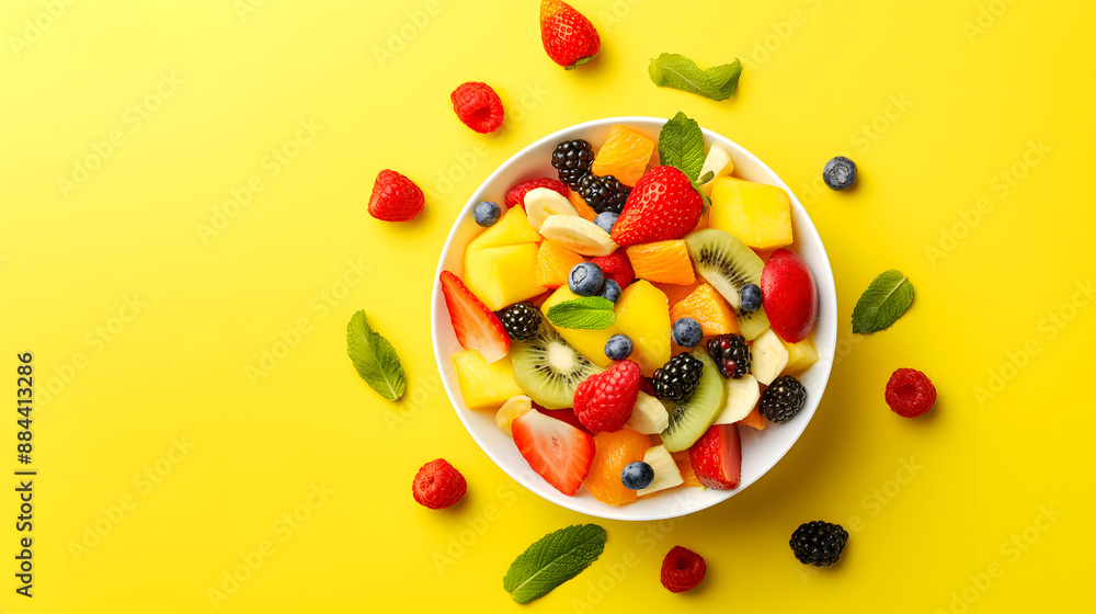 Vibrant Fresh Fruit Salad on Bright Yellow Background Vibrant Fresh Fruit Salad on Bright Yellow Background