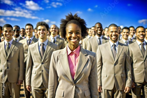 A large group of laughing people wearing the same clothes.