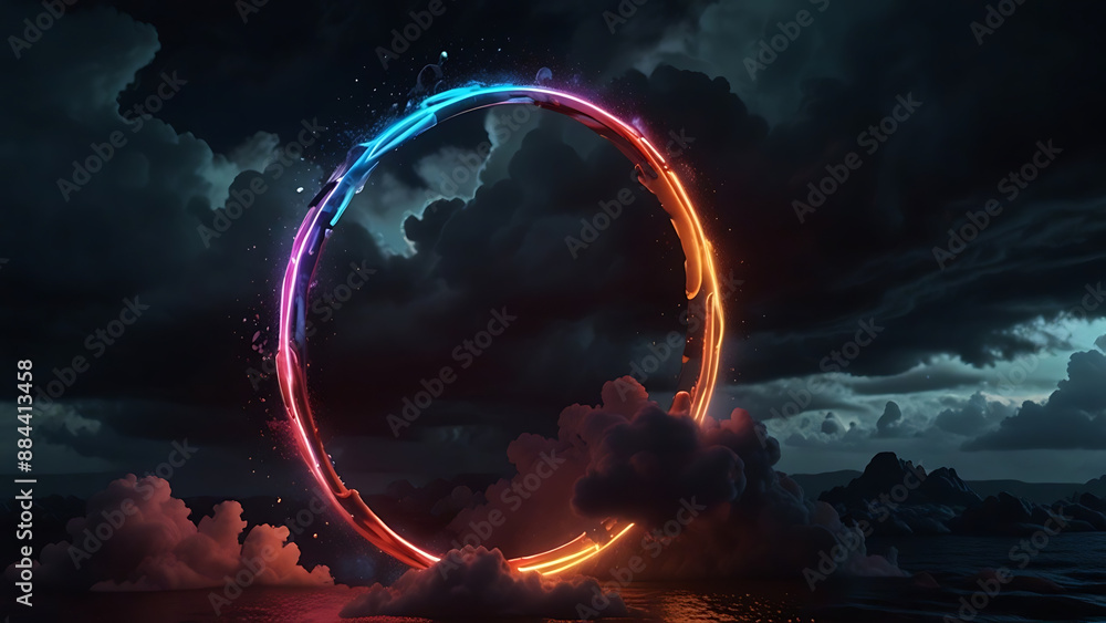 Obraz premium Default_3d_render_colorful_neon_ring_glowing_inside_the_stormy