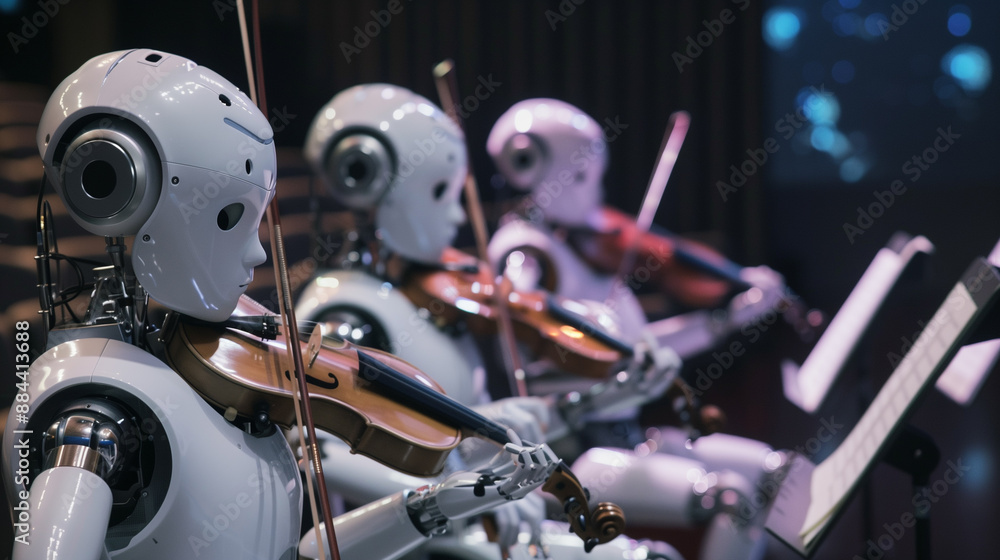 Fototapeta premium Multiple humanoid AI robots are playing on classic musical instruments