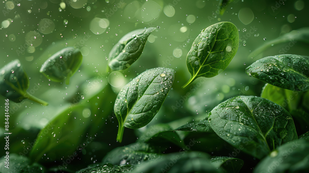 Flying Spinach Leaves on Fresh Green Background Flying Spinach Leaves on Fresh Green Background