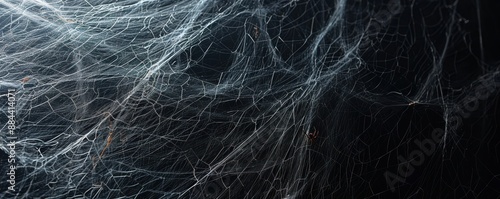 A spider web is shown in a black and white photo with a spider in the center.