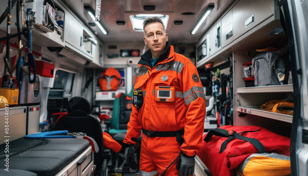Paramedic - man in orange uniform, standing in large mobile ambulance van. Generative AI Paramedic - man in orange uniform, standing in large mobile ambulance van. Generative AI