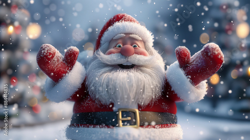  cute smiling santa claus with his hands up, standing in the snow. soft lighting and a blurred background create an atmosphere suitable for christmas cards or postca photo