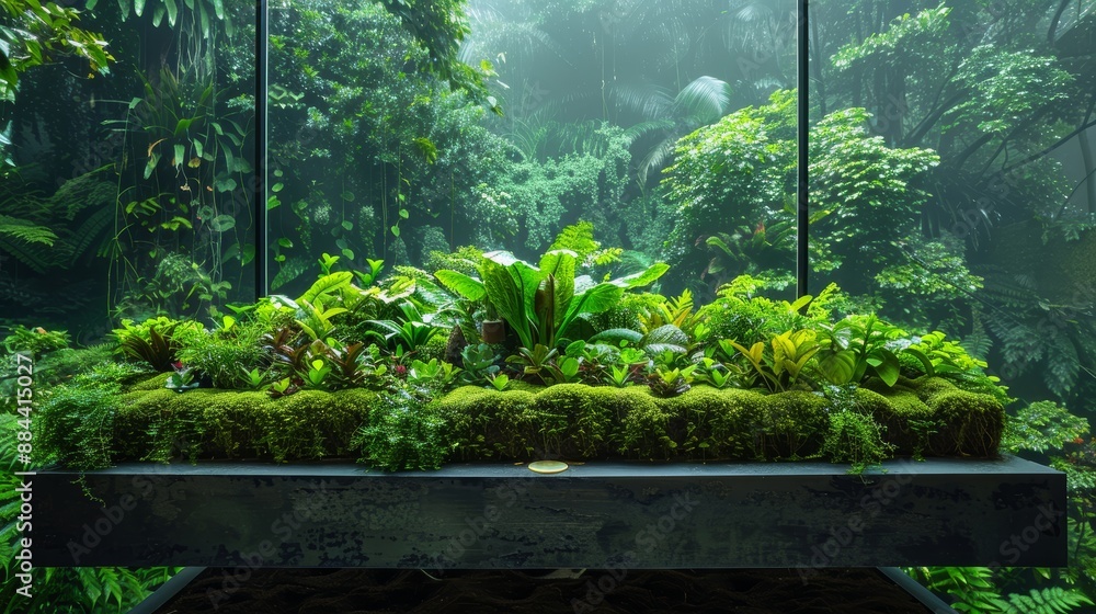 Naklejka premium Sleek display countertop covered in verdant plants