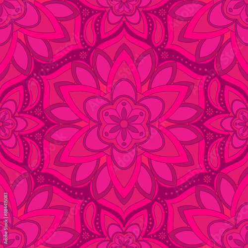 Seamless pattern with Indian floral ornament for fabric swatch or wrapping paper. Vector vivid abstract kaleidoscopic background