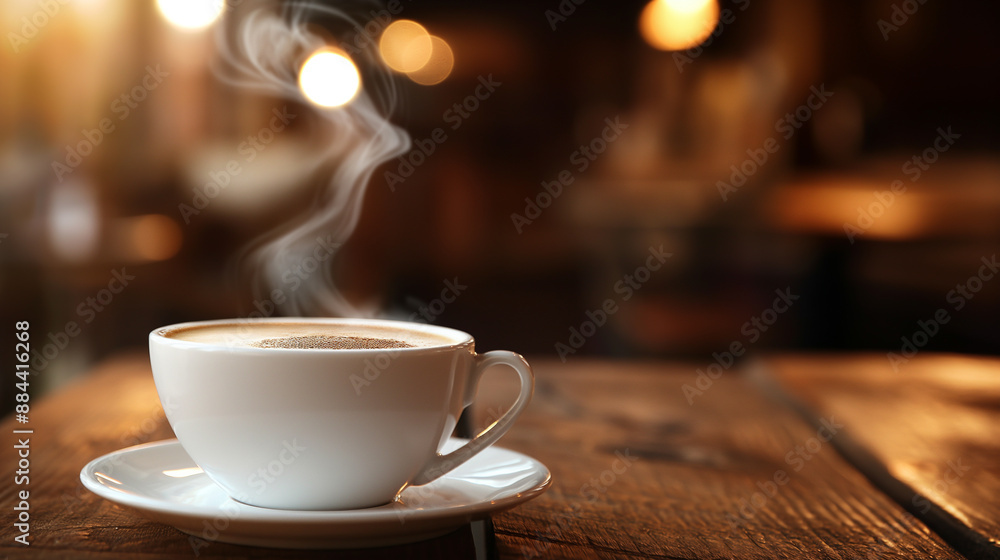 Steaming cup of coffee on a wooden table in a cozy cafe. Steaming cup of coffee on a wooden table in a cozy cafe.