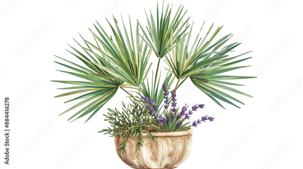 Clipart hand-drawn sticker style, Majestic palm, lavender, and rosemary in a rustic ceramic planter, Isolated on a pure white background Clipart hand-drawn sticker style, Majestic palm, lavender, and rosemary in a rustic ceramic planter, Isolated on a pure white background
