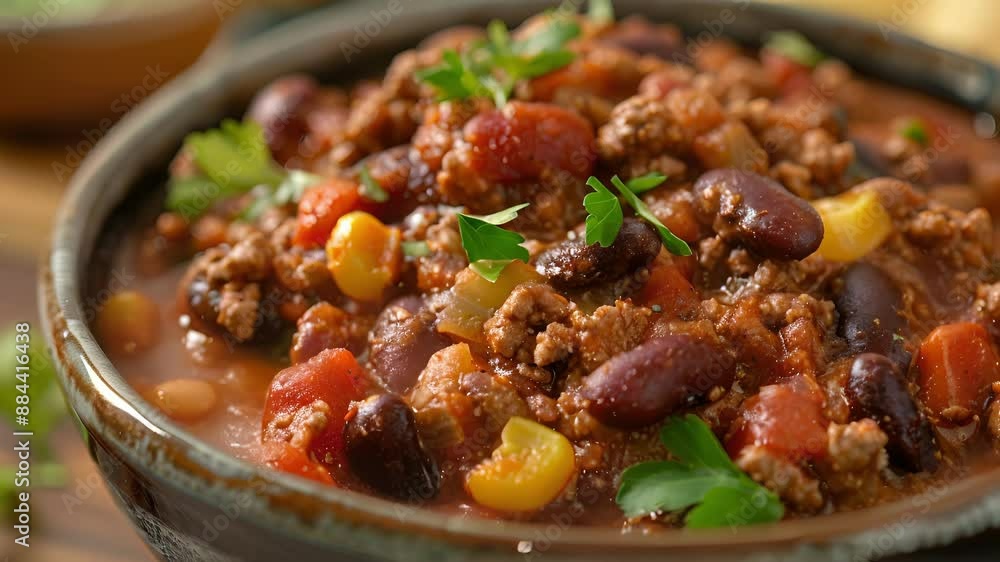 A bowl of hearty chili loaded with beans vegetables and plantbased ground meat simmered in a slow cooker. A comforting and ecoconscious meal for a chilly evening. A bowl of hearty chili loaded with beans vegetables and plantbased ground meat simmered in a slow cooker. A comforting and ecoconscious meal for a chilly evening.