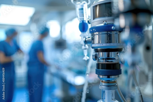 A closeup of anesthesia equipment with a blurred background of a veterinary team in action © Kedsaraporn