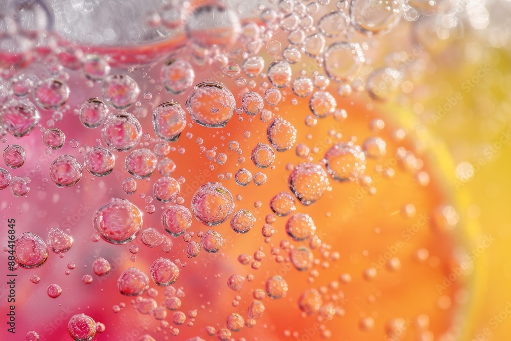 © anatolir - Vibrant and refreshing soda bubbles abstract background with orange and pink colors. Closeup macro detail of fizzy carbonated drink. Translucent texture of effervescence and moisture