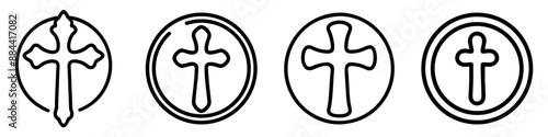 Christian cross drawn icon in a circle. Simple line art icon of a christian cross symbolizing faith and religious beliefs. Vector illustration
