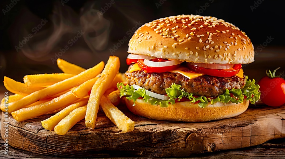 A hamburger and fries on a wooden board. A hamburger and fries on a wooden board.