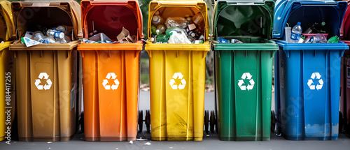 Color-coded recycling bins filled with paper, plastic, metals, and glass for environmental waste management.