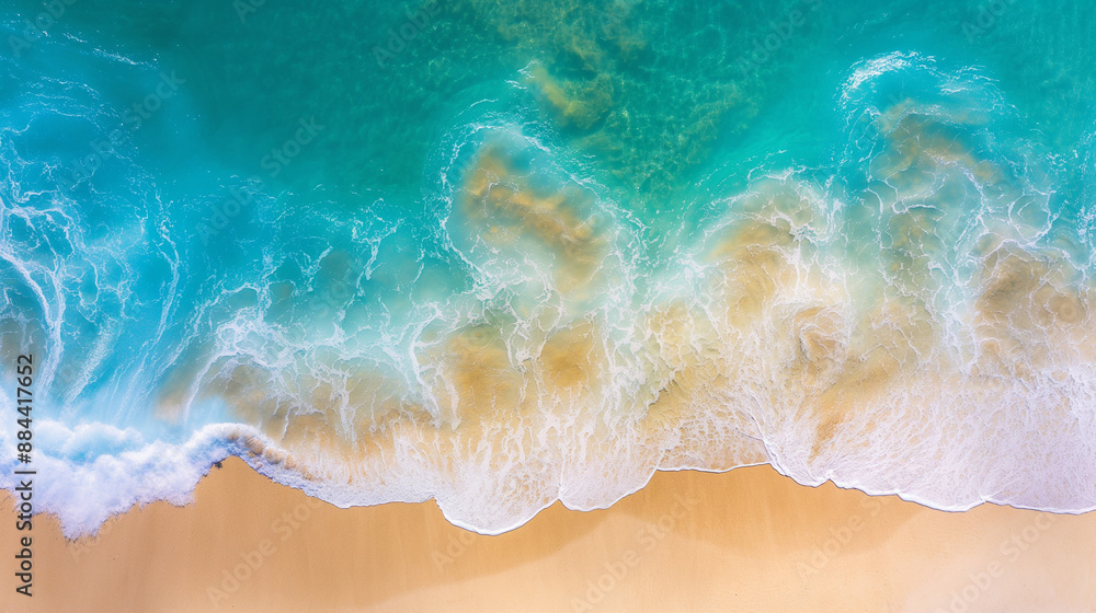 Aerial view of turquoise ocean waves crashing onto a sandy beach. Aerial view of turquoise ocean waves crashing onto a sandy beach.