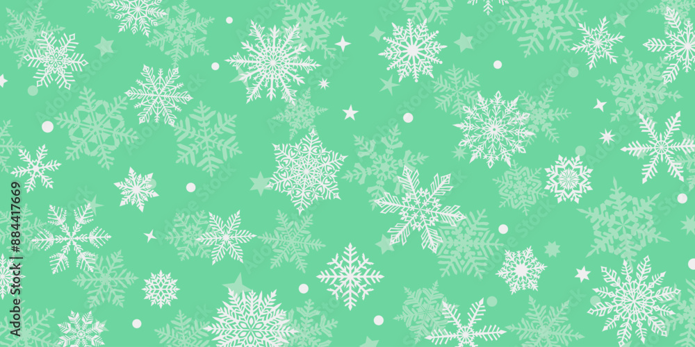 Christmas background of beautiful complex snowflakes, white on light green. Winter illustration with falling snow. Christmas background of beautiful complex snowflakes, white on light green. Winter illustration with falling snow.