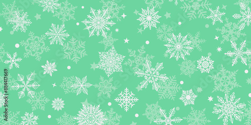Wallpaper Mural Christmas background of beautiful complex snowflakes, white on light green. Winter illustration with falling snow. Torontodigital.ca
