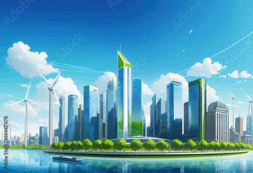 Sustainable Cityscape with Green Architecture and Wind Turbines