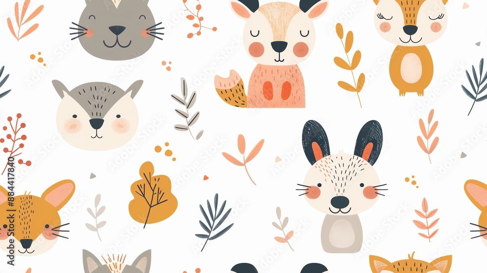 Cute animal faces and leaves pattern on a white background. Whimsical and colorful forest creatures illustration for kids. Cute animal faces and leaves pattern on a white background. Whimsical and colorful forest creatures illustration for kids.