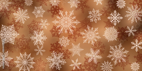 Christmas background of beautiful complex snowflakes, white on brown. Winter illustration with falling snow.