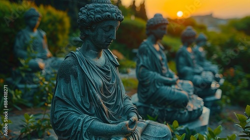 A group of statues of buddha in the garden.