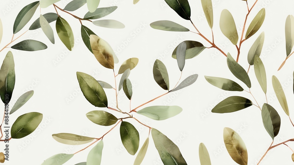 Seamless watercolor pattern of olive branches with green leaves and yellow olives on a light background. Seamless watercolor pattern of olive branches with green leaves and yellow olives on a light background.