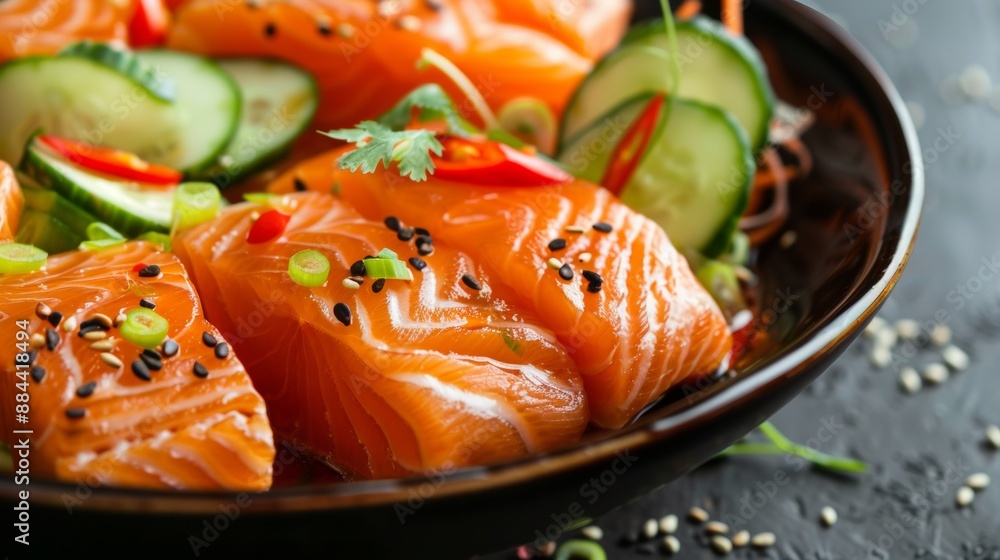 The national cuisine of Japan. Marinated salmon with a salad of chili, cucumber and lime juice. The national cuisine of Japan. Marinated salmon with a salad of chili, cucumber and lime juice.