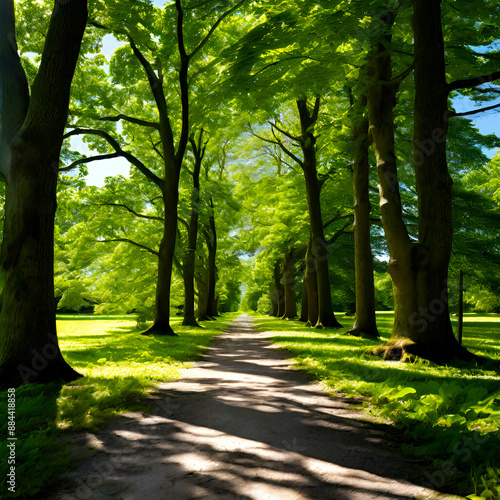 a path winding through a park with green grass and several trees with full foliage on either side. The sun is shining through the leaves, casting dappled light on the path.