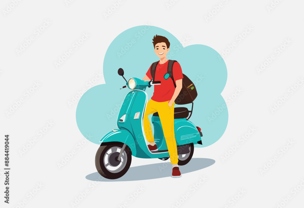 Young Man Riding Scooter with Backpack, Smiling Young Man Riding Scooter with Backpack, Smiling