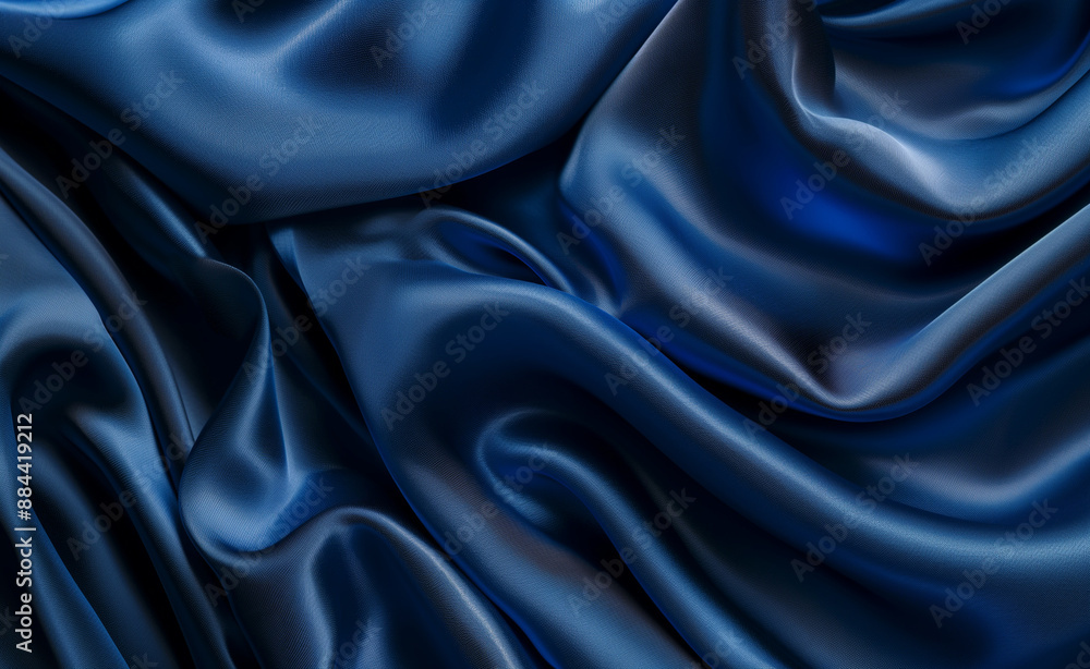 Fototapeta premium Smooth and shiny blue silk fabric with elegant folds.