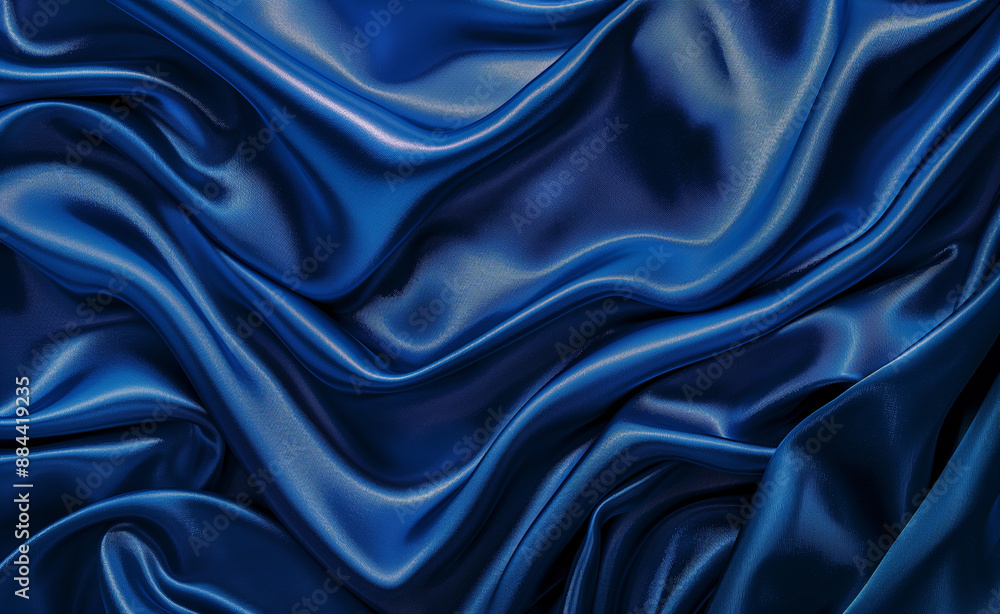 Fototapeta premium Smooth and shiny blue silk fabric with elegant folds.