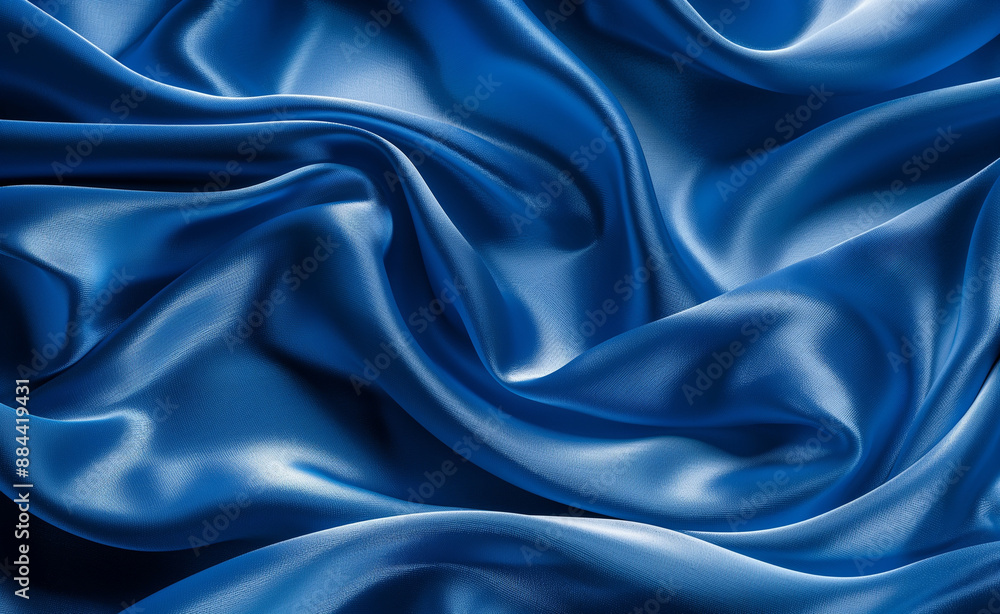 Fototapeta premium Smooth and shiny blue silk fabric with elegant folds.