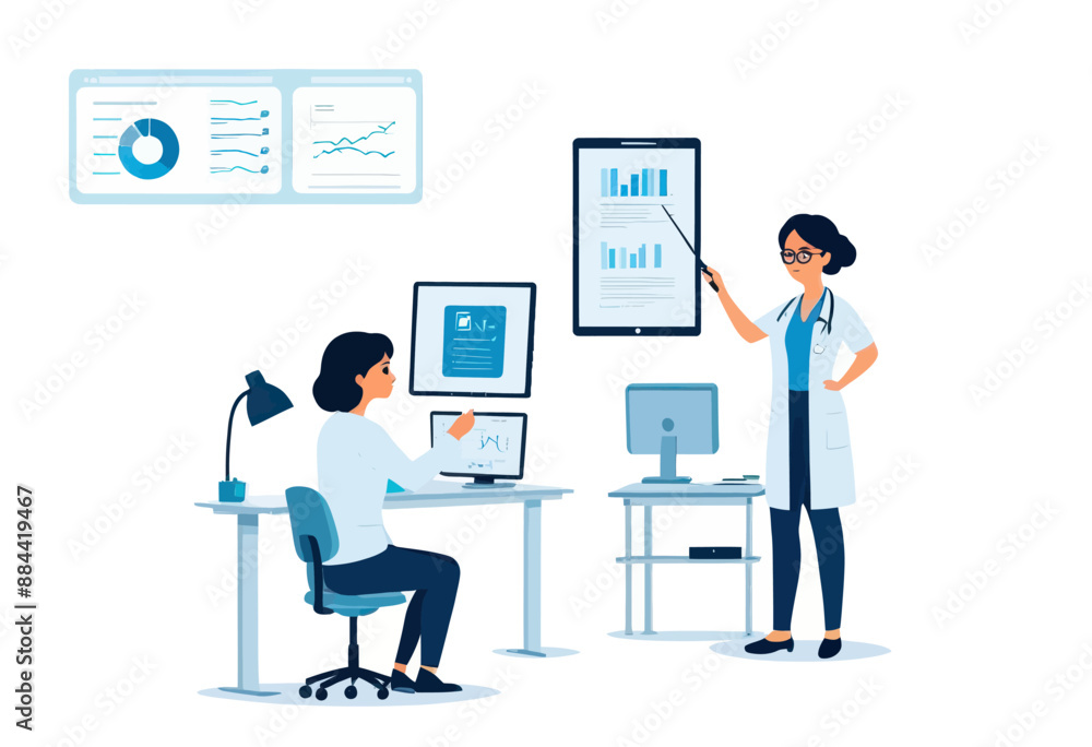 Healthcare Professional Analyzing Data on Tablet and Monitor Healthcare Professional Analyzing Data on Tablet and Monitor