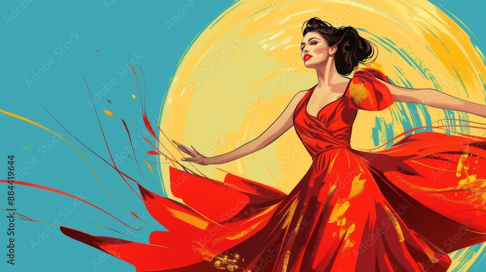 Elegant woman in a refined dress, flat , comic book style, bright colors, dynamic poses Elegant woman in a refined dress, flat , comic book style, bright colors, dynamic poses