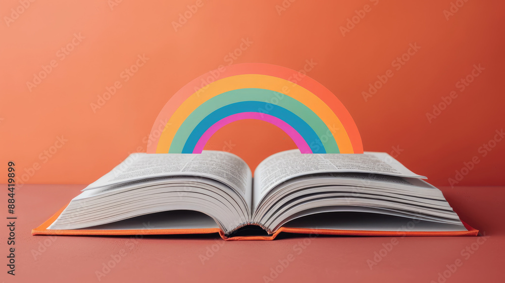 Open book with rainbow for joy of reading, literacy, positivity, copy space, focus on objects, deep depth of field Open book with rainbow for joy of reading, literacy, positivity, copy space, focus on objects, deep depth of field