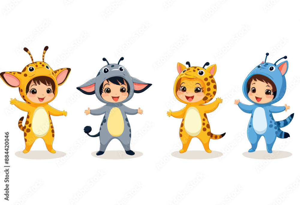Four Children in Animal Costumes, Smiling and Waving Four Children in Animal Costumes, Smiling and Waving