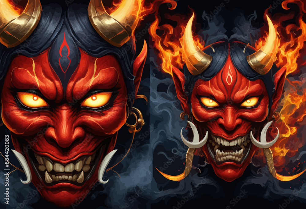 Fierce Demon Face with Flames and Horns Fierce Demon Face with Flames and Horns