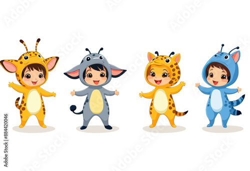Four Children in Animal Costumes, Smiling and Waving
