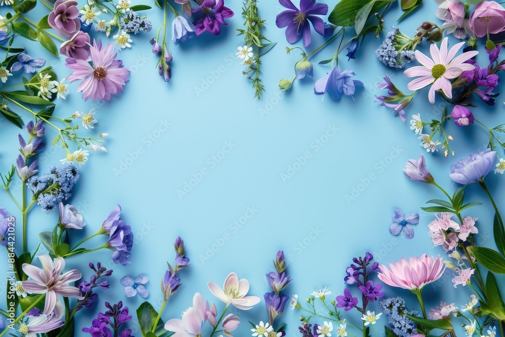 Purple and Blue Flowers Frame on a Light Blue Background Purple and Blue Flowers Frame on a Light Blue Background