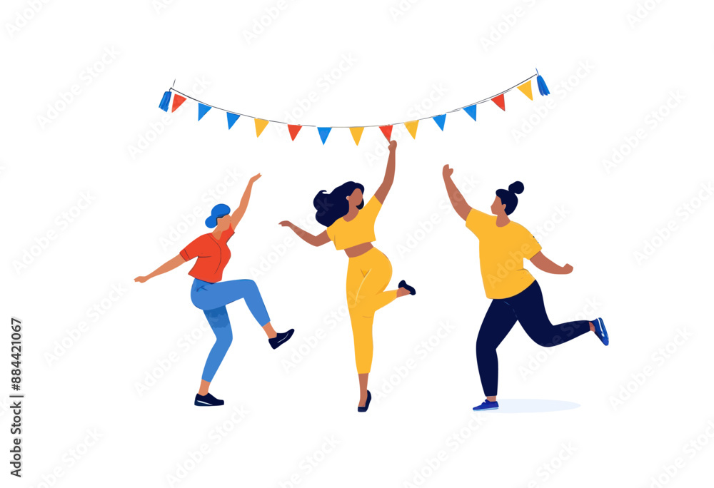 Celebration: Three friends dancing under a colorful banner Celebration: Three friends dancing under a colorful banner