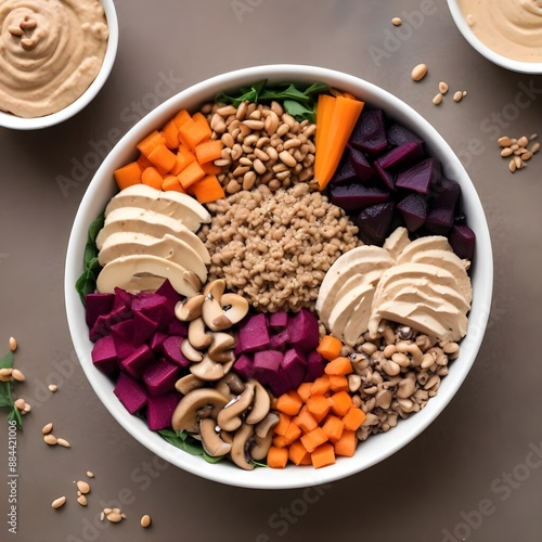 Wholesome and colorful Buddha bowl featuring farro, roasted beets, shredded carrots, sautéed mushrooms, and a dollop of hummus