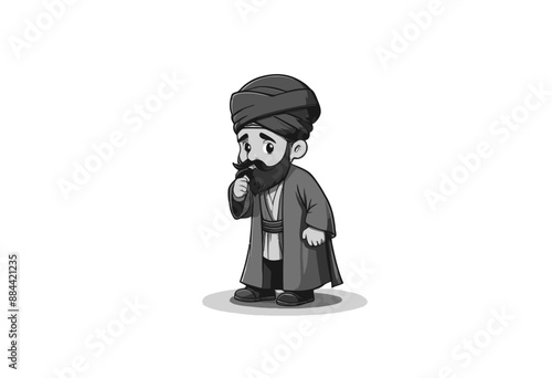 Cartoon Character of a Bearded Man in a Turban and Robe, Standing with Hand to Mouth