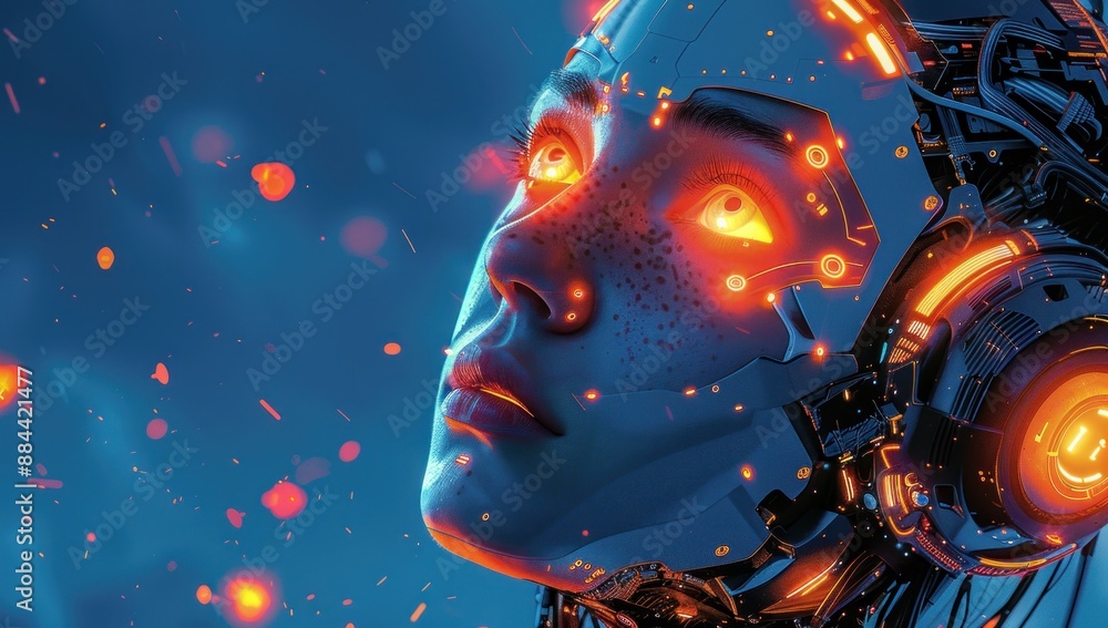 Obraz premium Cybernetic Woman Gazing Upward with Glowing Eyes