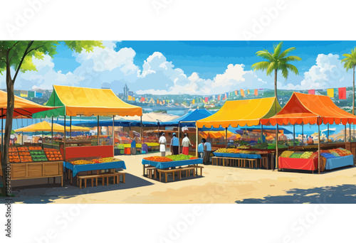 Bustling Marketplace with Vibrant Tents and Colorful Produce