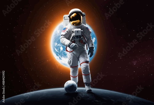 Astronaut on Earth with Earth and Moon in the Background