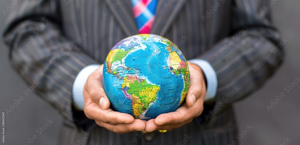 A globe being carried by a person wearing a suit on a gray background A globe being carried by a person wearing a suit on a gray background