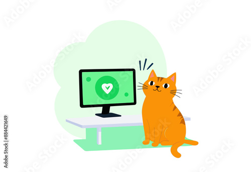 Cheeky Cat Sitting in Front of Monitor with Heart Symbol