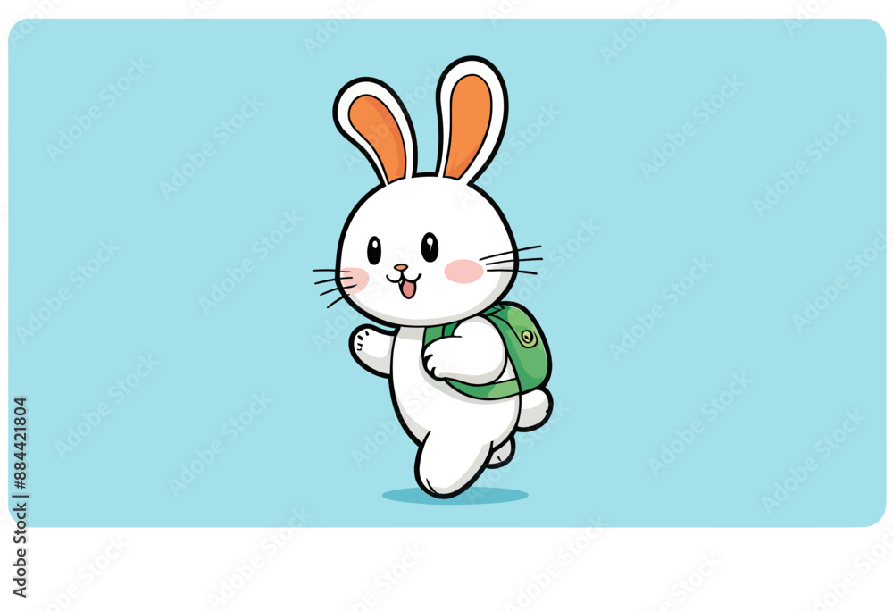 Cute Easter Bunny Character with Backpack, Running on Blue Background Cute Easter Bunny Character with Backpack, Running on Blue Background